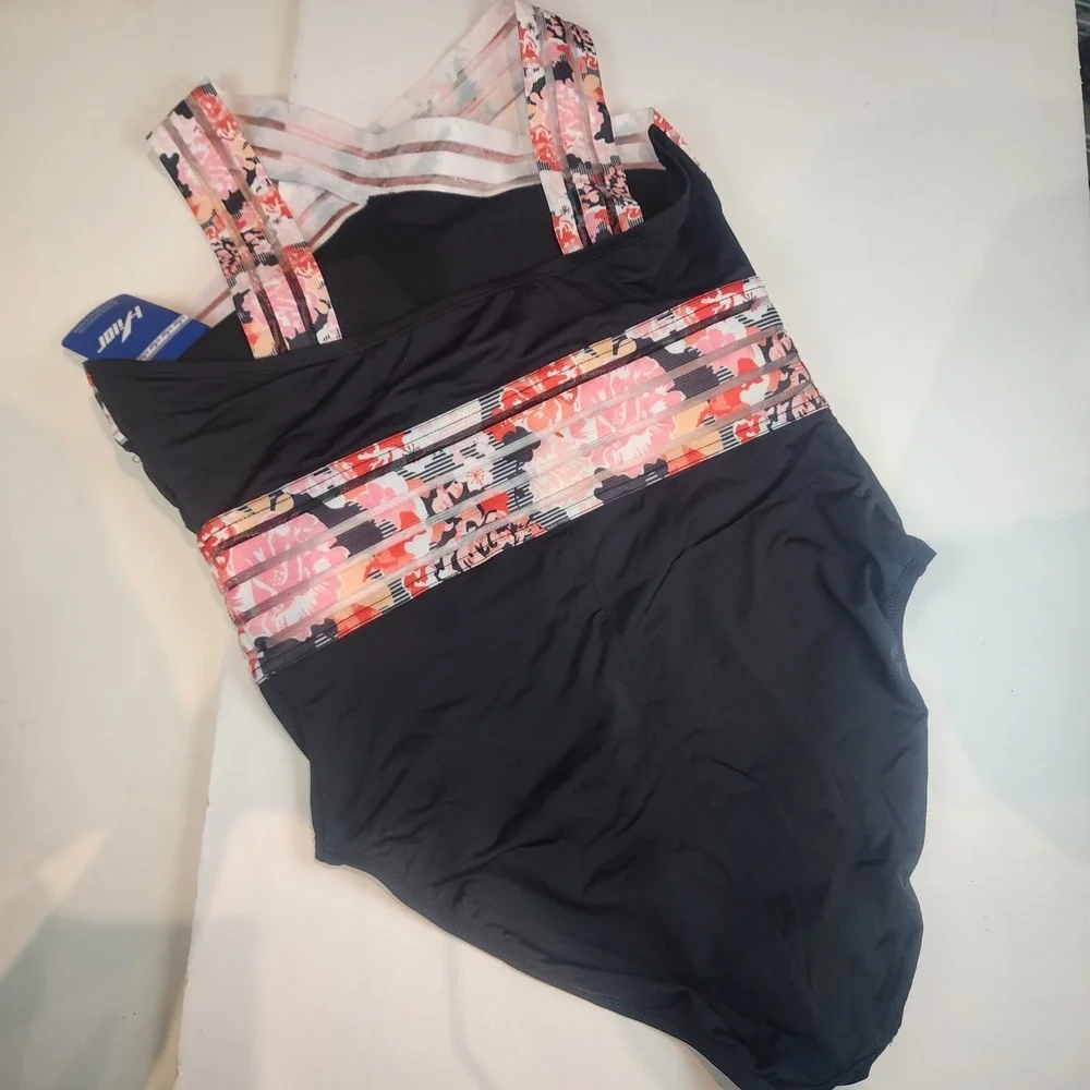 Hilor One Piece Swimsuit Women L Black Floral Mesh Crossover Resort Boho 646 NWT